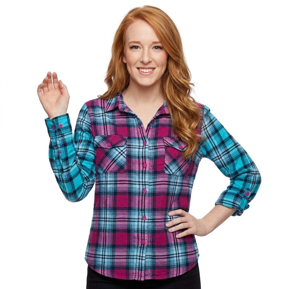 In-Style Pink and Blue plaid shirt with roll up latched sleeve